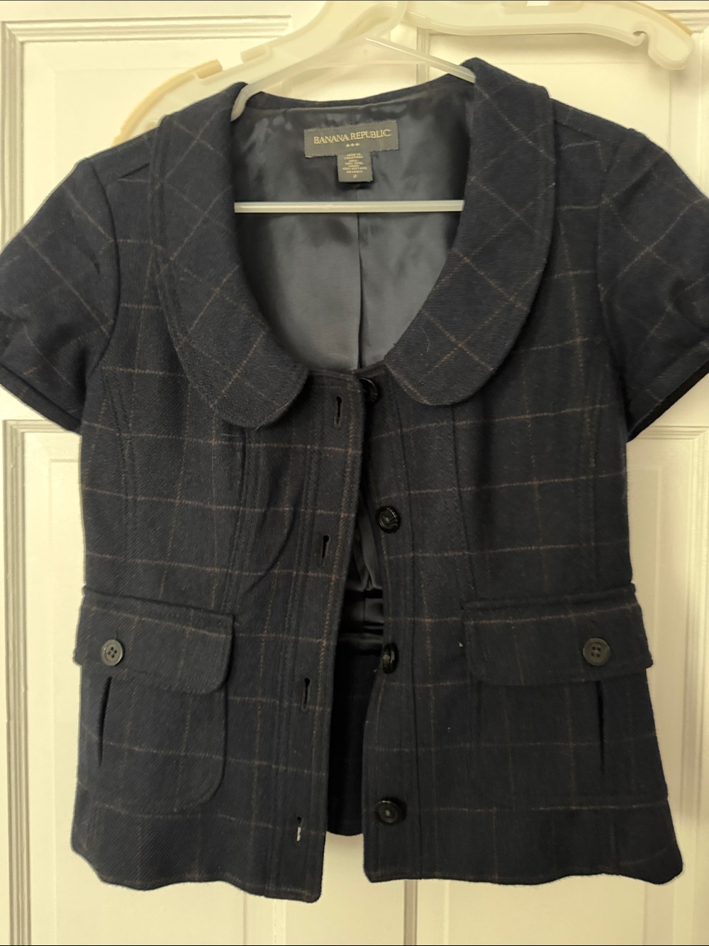 Banana Republic Navy Windowpane Short-Sleeve Wool Blend Jacket